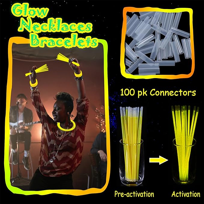 100 pk 8" Yellow Glow Sticks Bulk Party Favors, Light up Glow Necklaces & Bracelets in the Dark