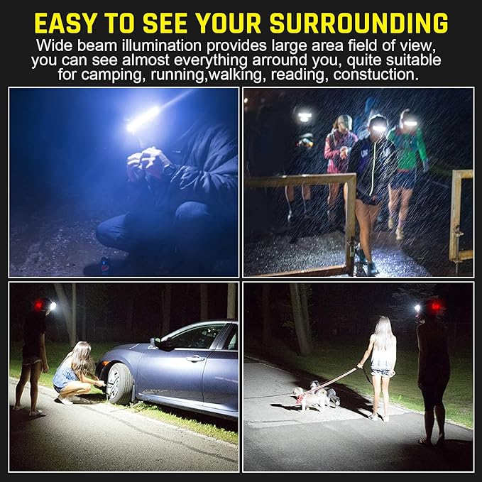 LED Headlamp USB Rechargeable 1000Lumen 230° Wide-Beam LED Headlight with Red Taillight, Super