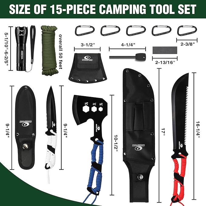 Mossy Oak Hatchet and Machete Knife Set with Sheath, One-Piece Axe & Hunting Knives with Paracord