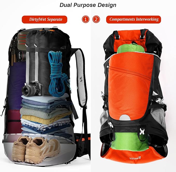 HOMIEE 50L Hiking Backpack Travel Bag Waterproof Camping Rucksack with Rain Cover Lightweight