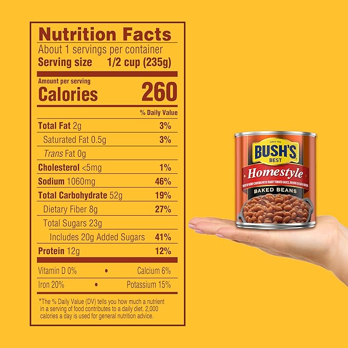 BUSH'S BEST 8.3 oz Canned Homestyle Baked Beans, Source of Plant Based Protein and Fiber, Low Fat