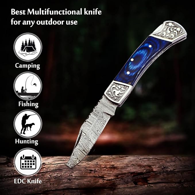 Handmade Damascus Pocket Knife for Men - 7.2 Inches Engraved Steel Damascus Folding Pocket Knife