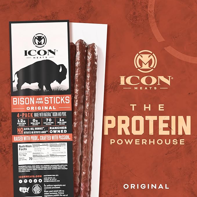 ICON Meats Bison and Pork Snack Sticks - Original Flavor – 6 Packs Per Box, 4 Sticks Per Pack, All