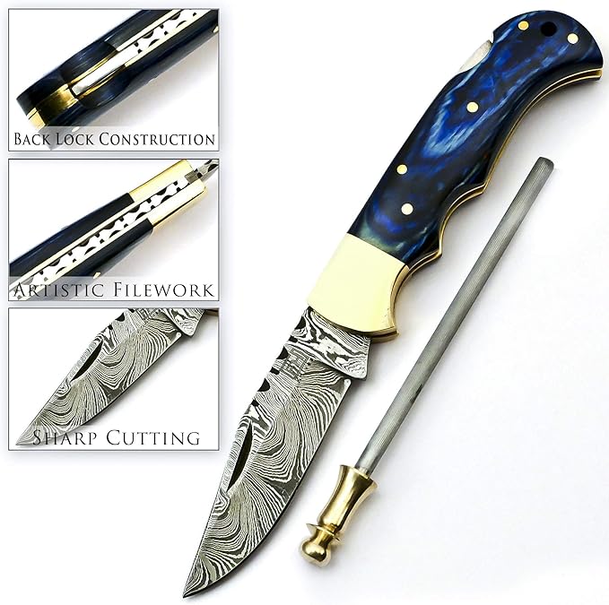 Handmade Damascus Pocket Knife for Men - 6.5 Inch Damascus Knife with Sheath - Damascus Folding