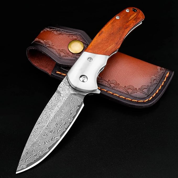 KOMWERO Damascus Pocket Knife with Clip for Men, VG10 Damascus Steel Folding Knives, EDC Damascus