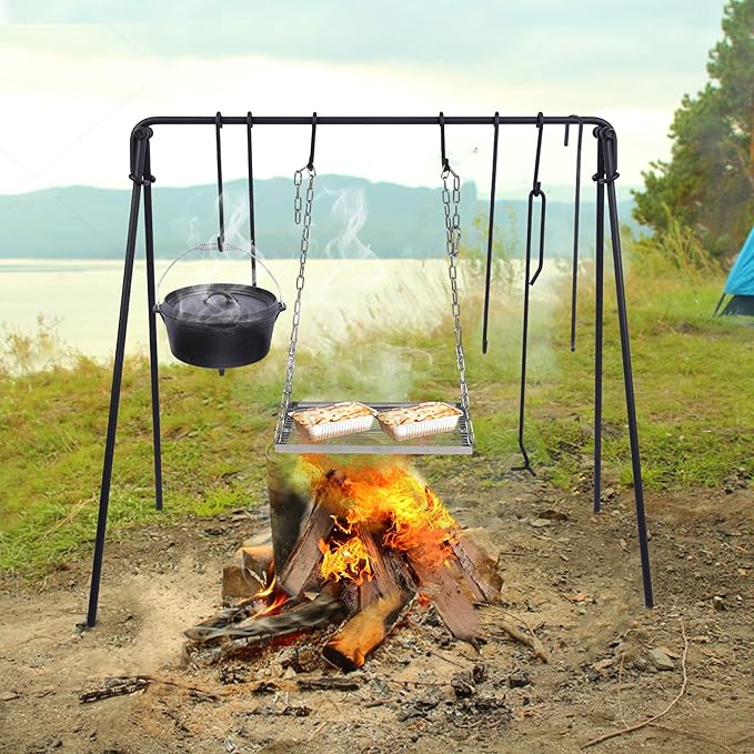 Lineslife Grill Swing Campfire Cooking Stand with Adjusatble Stainless Steel Grill Grate