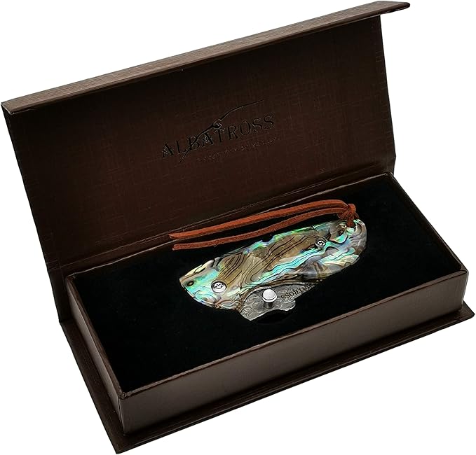 ALBATROSS Mini Pocket Knife - 4.75" Modern Damascus Steel Folding Knife with Abalone Seashell