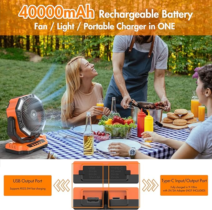 40000mAh Battery Powered Camping Fan - 136H Max Cooling, Rechargeable Battery Operated Oscillating