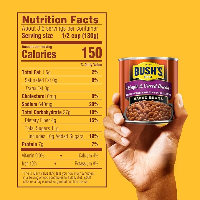 BUSH'S BEST 16 oz Canned Maple Cured Bacon Baked Beans Source of Protein and Fiber, Low Fat, Gluten