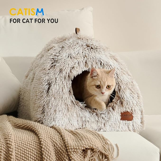 CATISM Cat Bed, Cat Cave for Indoor Cats, Soft Cat Dome, Self-Warming 2 in 1 Foldable Pet Cat House
