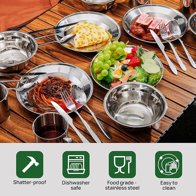 Odoland 29pcs Stainless Steel Utensils Camping Tableware Kit with Bowls Plates Cups Forks Spoons