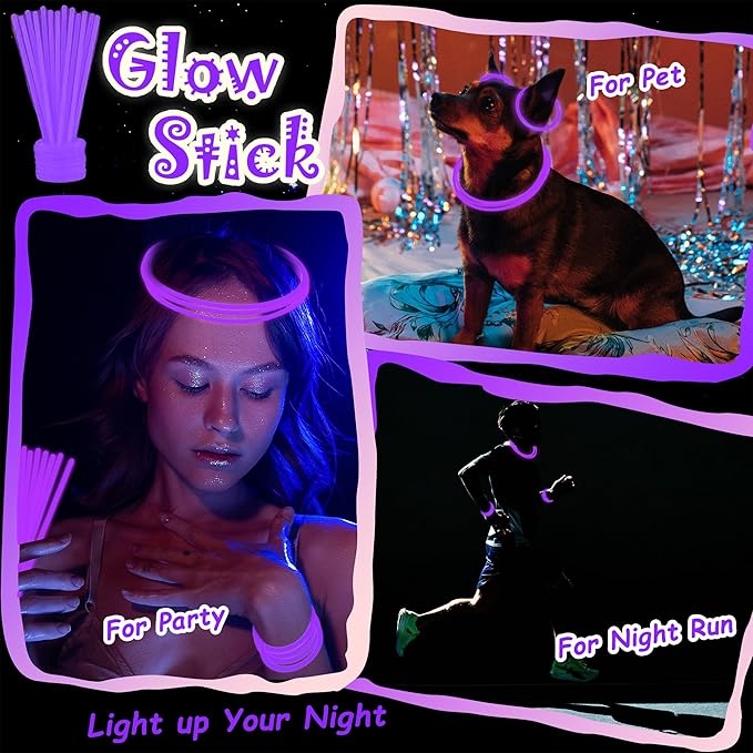 100 pk 8" Purple Glow Sticks Bulk Party Favors, Light up Glow Necklaces & Bracelets in the Dark