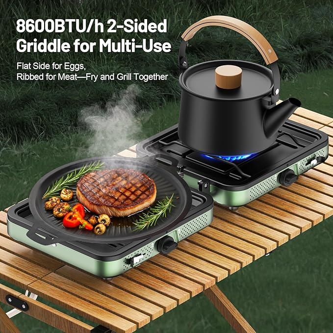 Portable Gas stove, 2 Burner Camping Stove with Griddle and Carrying Bag & Hose, 8600BTU Portable