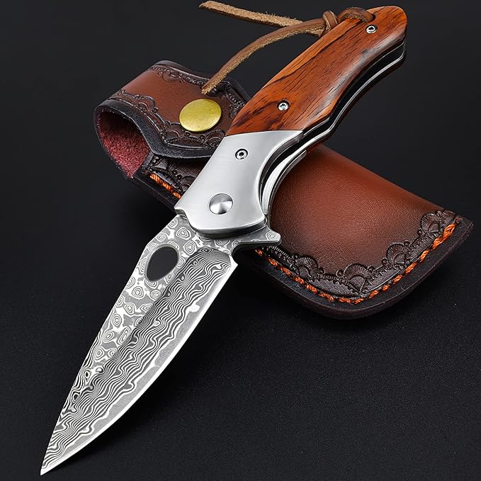 KOMWERO Damascus Pocket Knife for Men, VG10 Core Damascus Steel Folding Knife with Wood Handle