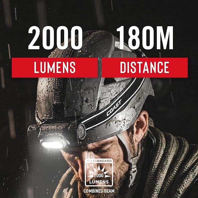 Coast WPH34R 2000 Lumen Waterproof Ultra Bright IP68 USB Rechargeable-Dual Power Headlamp, 6 Modes