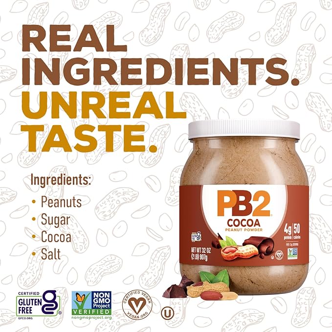 PB2 Powdered Chocolate Peanut Butter with Cocoa | 2lb Jar | 4g of Protein, 90% Less Fat, Certified