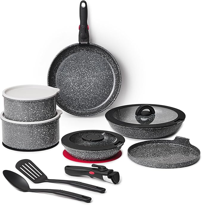 ROSSETTO 16pcs Aluminium Nonstick Pots and Pans Set from France with detachable Handle, Stackable
