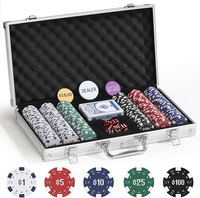 300Pcs Numbered Poker Chips Set for Texas Holdem,Blackjack, Tournaments with Aluminum Case,2 Decks