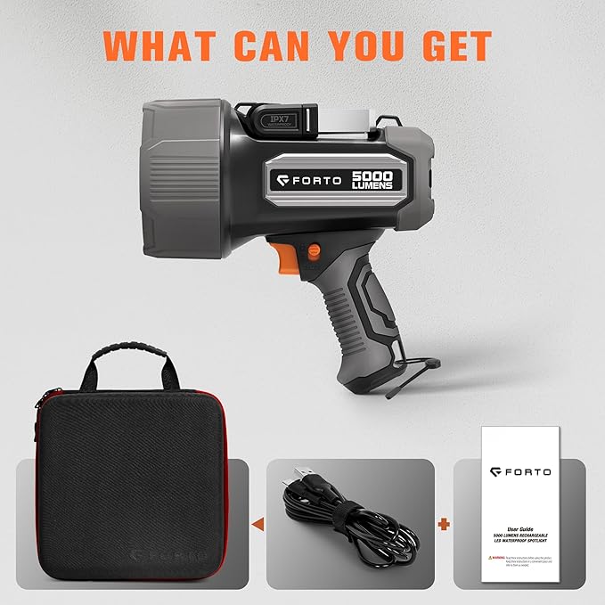 FORTO Rechargeable Spotlight 5000 Lumen Ultra Bright IPX7 Waterproof Spotlight, Boat Flashlight