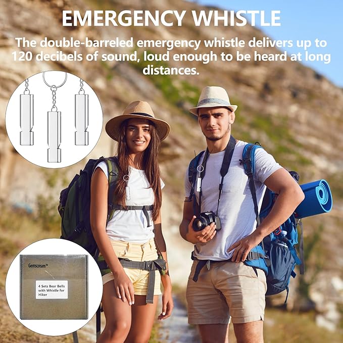 4 Sets Bear Bells with Whistle for Hiker, Loud Bear Bell with Emergency Whistle, Bear Bells for