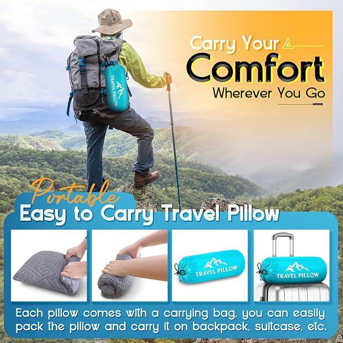 Travel Pillow for Sleeping Camping, Memory Foam Small Pillow with Breathable Cover for Backpacking