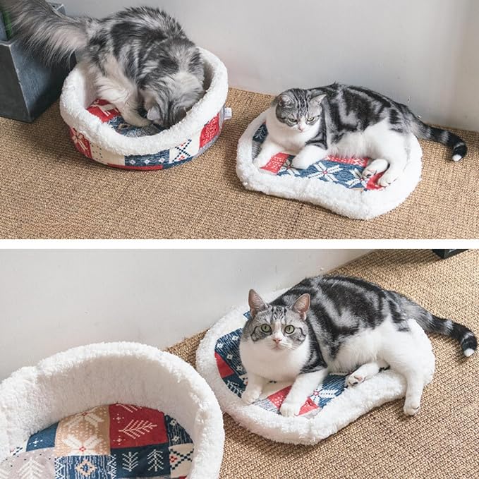 Cat Cave Bed ??Plush, Warm & Calming Hideaway with Detachable Lid & Mat, Covered House for Indoor