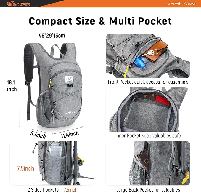 SKYSPER 15L/20L Foldable Hiking Backpack Lightweight Packable Travel Daypack with Chest Strap Small