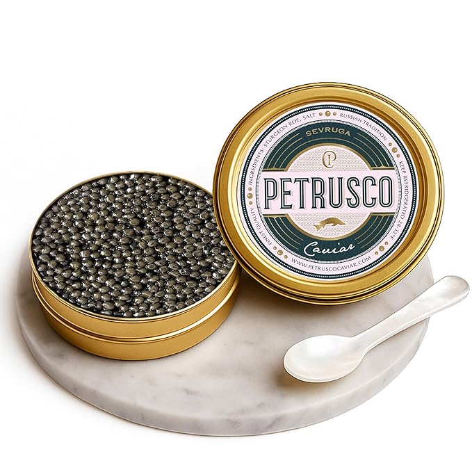 PETRUSCO Sevruga Black Caviar - Premium Fresh Seafood Sturgeon Fish Caviar - Rich, Buttery Flavor