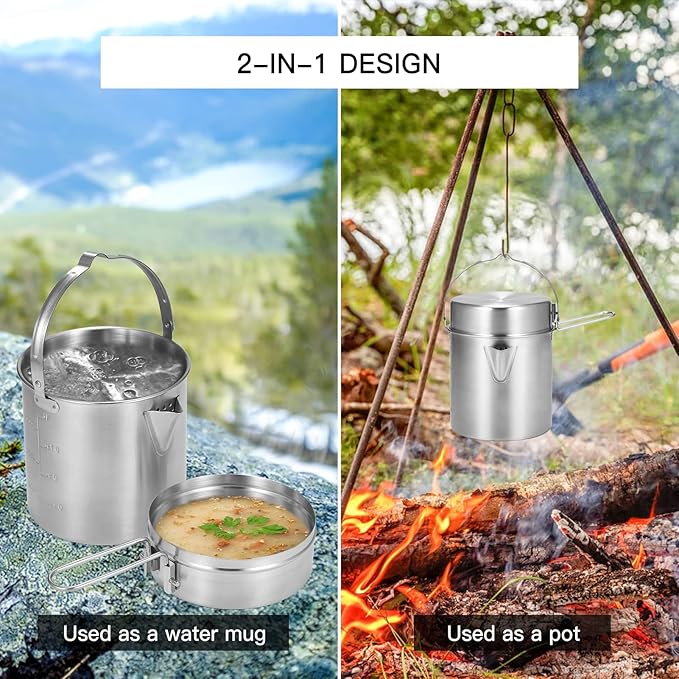 Lixada Camping Pot Stainless Steel Lightweight Kettle Bottle Cup or Pot with Foldable Handle and