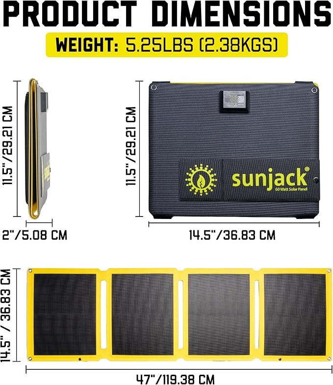 SunJack ??60 Watt Foldable Solar Panel, ETFE Waterproof Portable Solar Panel with Kickstands, USB-C