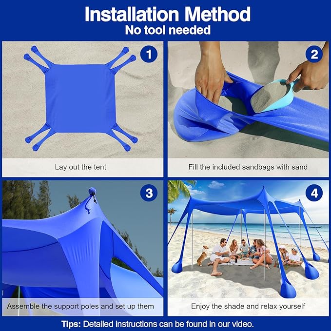 Rhino Valley Beach Tent Shade Canopy UPF50+ Protection, 8 Sandbags, 4 Stability Poles, Outdoor Sun