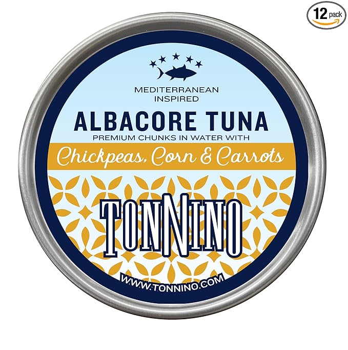 Tonnino Tuna Fish Albacore - Premium chunk in water with Chickpeas, Corn & Carrots - Pack of 12