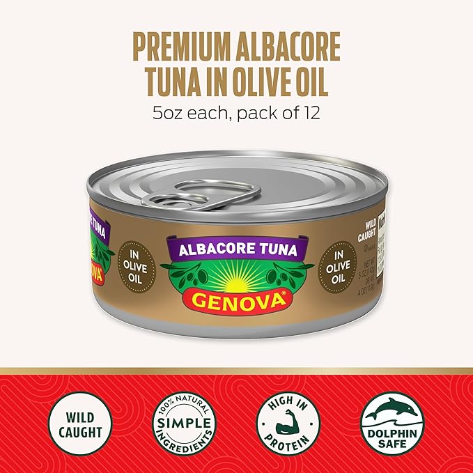 Genova Premium Albacore Tuna in Olive Oil, 5 Ounce Cans (Pack of 12), Wild Caught Canned Tuna