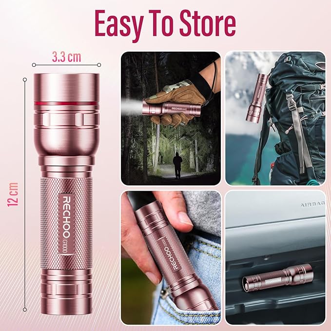 Rechargeable Flashlights High Lumens, G1000 Super Bright Flash Light Pink, Small Zoomable LED