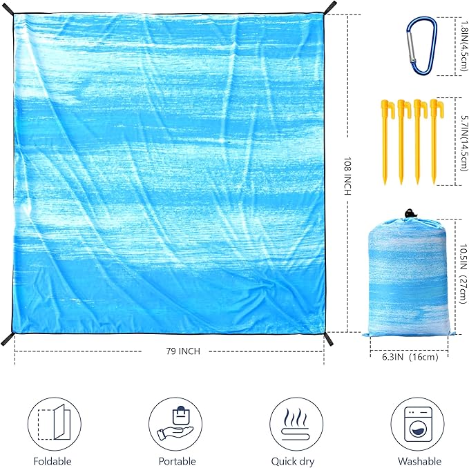 Beach Blanket Waterproof Sandproof Beach Mat 79" X 83"/10'x9'for 2-8 Adults Quick Drying Outdoor