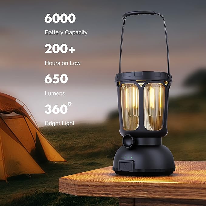 Raynic 6000 LED Camping Lantern Rechargeable, 650LM Hand Crank Solar Camping Light, Portable