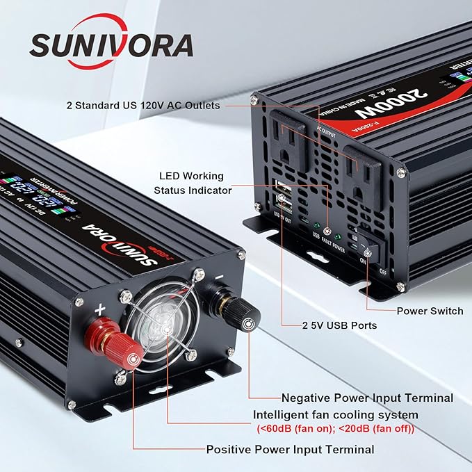 2000 Watt Inverter with LCD Display 12V DC to 110V/120V AC 60HZ Car Power Inverter with 2 AC