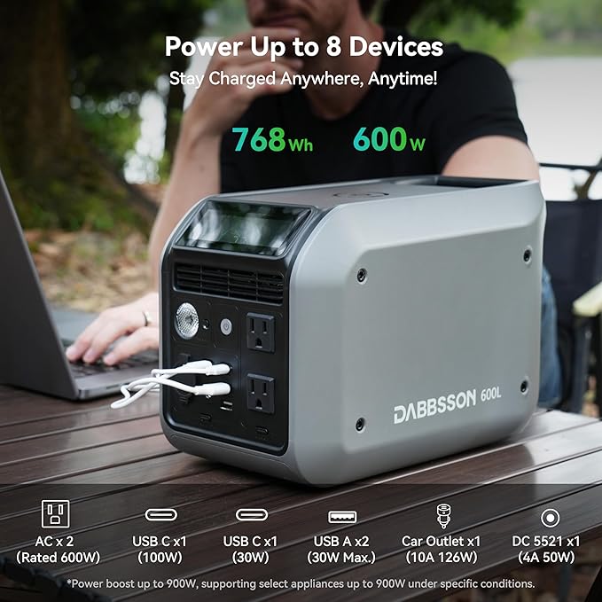 Dabbsson 600L Portable Power Station,768Wh 600W Solar Generator,Up to 900W AC Output,1.5X Extended