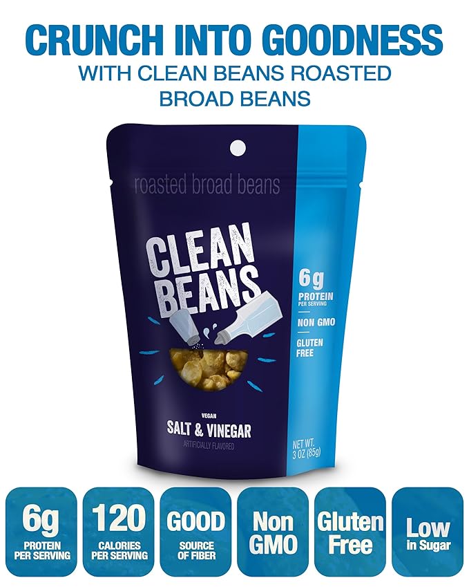 Clean Beans Broad Fava Beans Snack - Salt & Vinegar Flavor, 6g Protein, Low Sugar, Non-GMO