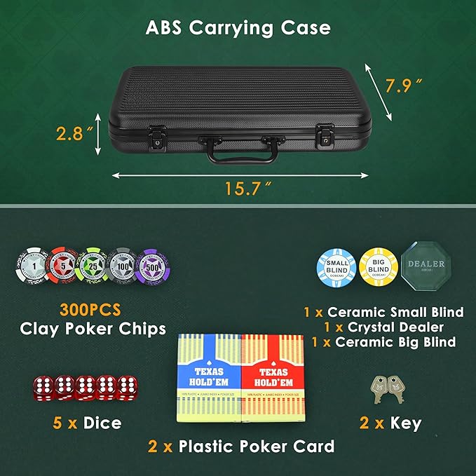 ORIENGEAR Poker Chip Set with Denominations, 300 PCS 14 Gram Clay Composite Casino Chips with ABS