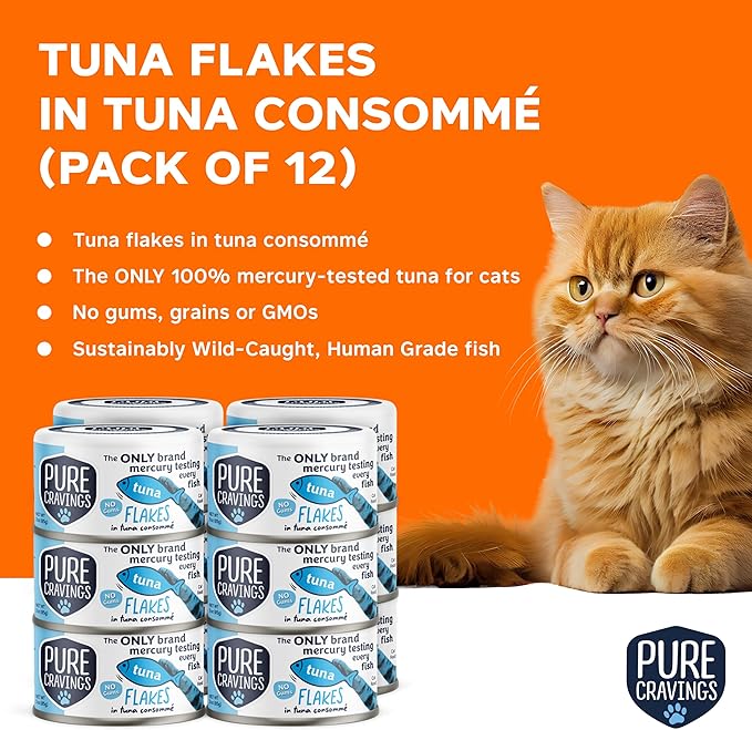 Pure Cravings Tuna Flakes in Tuna Consommé, Canned Wet Cat Food Soup, 100% Mercury-Tested, Moist