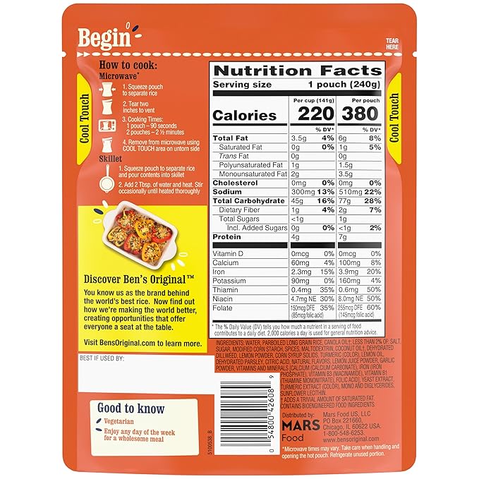 BEN'S ORIGINAL READY RICE??Lemon and Herb Flavored Rice, Easy Dinner Side, 8.5 oz Pouch (Pack of 12)