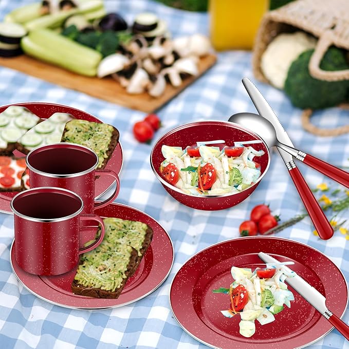 Nuogo 12 Pcs Enamel Camping Tableware Set Dinnerware Kit Includes 12 oz Coffee Mugs Camping Plates