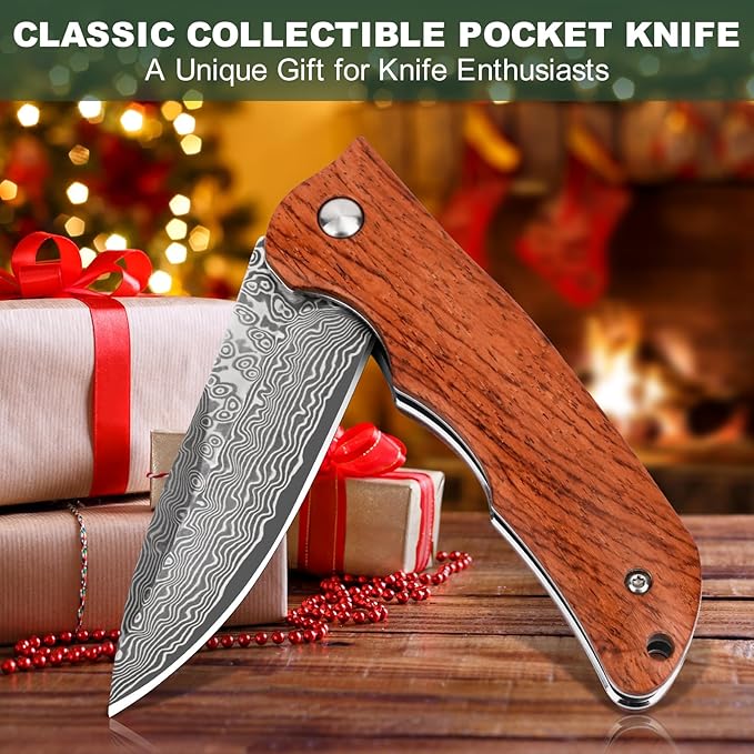 AUBEY Damascus Pocket Knife with VG10 Core, Wooden Handle, EDC Folding Knives for Men Outdoor