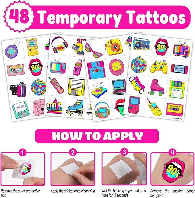 72PCS 90s & 80s Party Favors - 48PCS Pre-Cut Tattoos & 24PCS Slap Bracelets, Retro 90s Birthday
