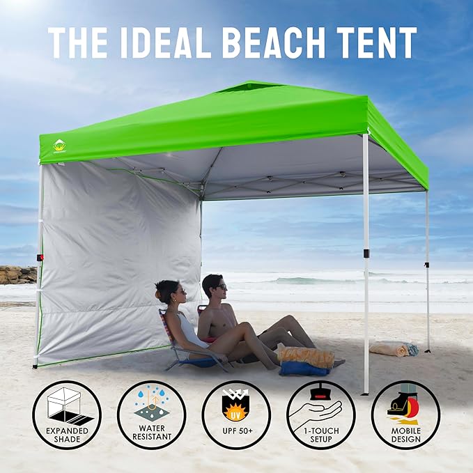 CROWN SHADES 10x10 Pop Up Canopy with 1 Side Wall - Beach Tent with One Push Setup - Outdoor Sun