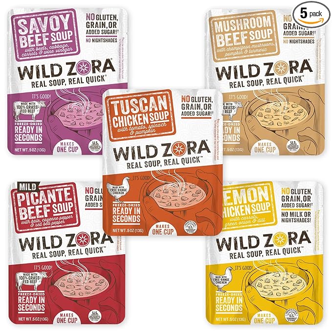 Wild Zora Instant Keto-Friendly Soups 5-Pack Variety, Broth Made with Grass-Fed Beef, Free-Range