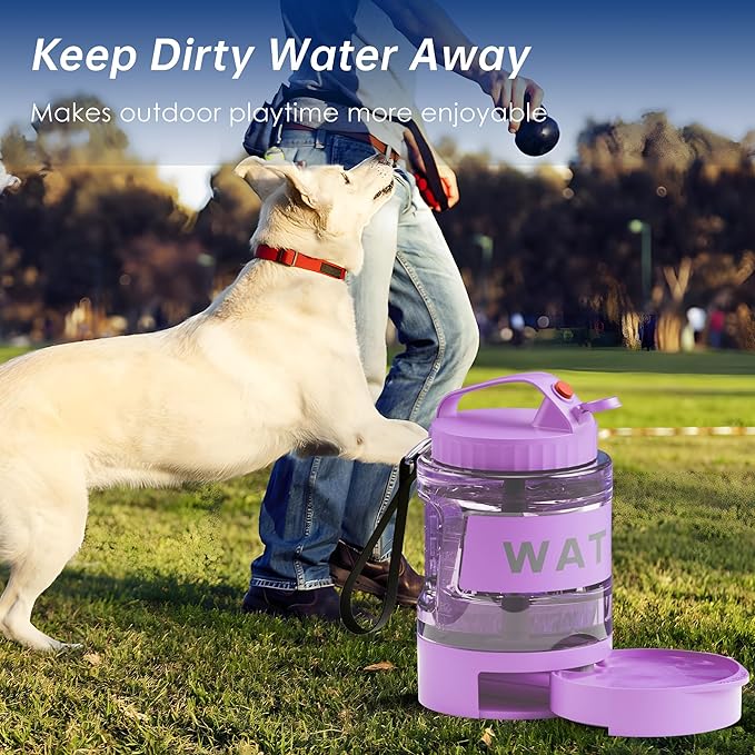 77oz Dog Water Bottle with Dispenser Bowl, 2200ml Capacity, Purple, Portable Pet Travel Bottle with