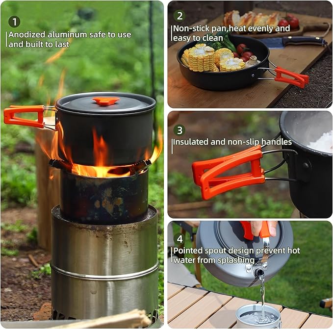 aiGear 3pcs Camping Cookware Mess Kit, Non-Stick Camping Pan Pot Kettle, Lightweight Aluminum