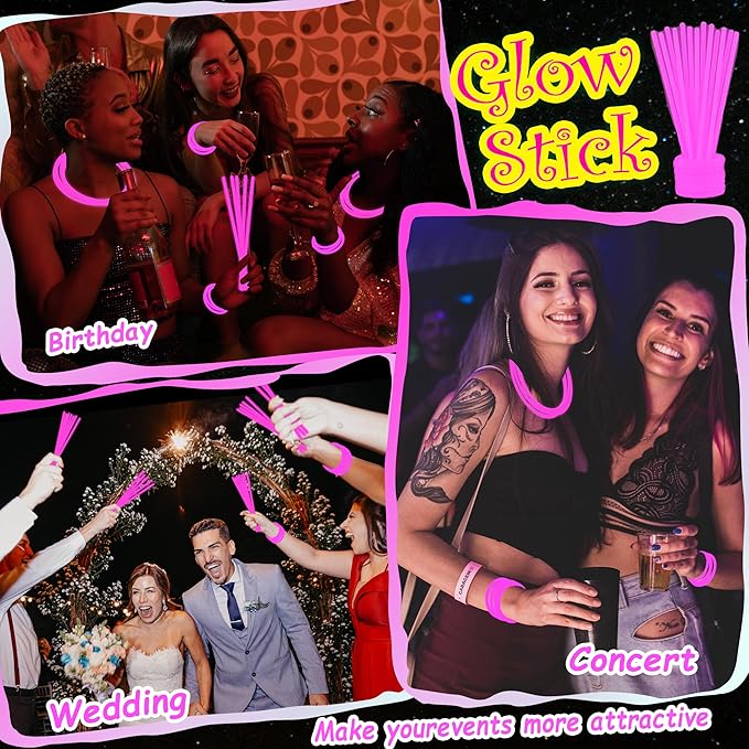 ILHSTY 100 pk 8'' Pink Glow Sticks Glow Necklaces In The Dark Party Favors Supplies Bright